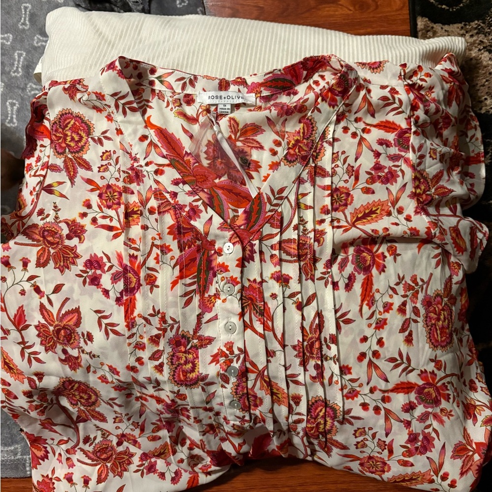 Rose & Olive Red and Pink Leaf Print Blouse
